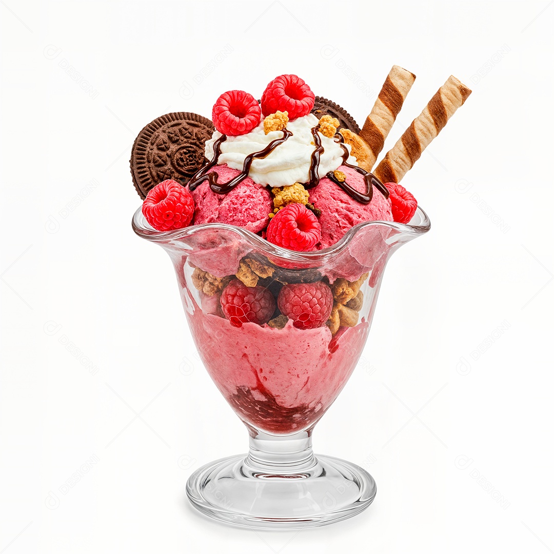 Delicioso sorvete em taça de vidro sobre fundo branco isolado