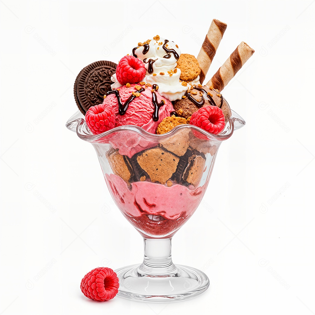 Delicioso sorvete em taça de vidro sobre fundo branco isolado