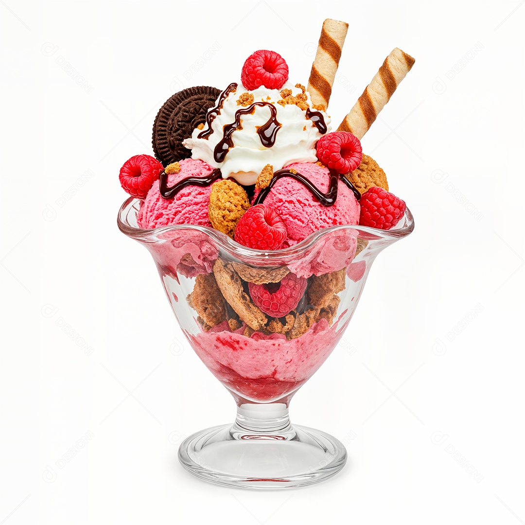 Delicioso sorvete em taça de vidro sobre fundo branco isolado