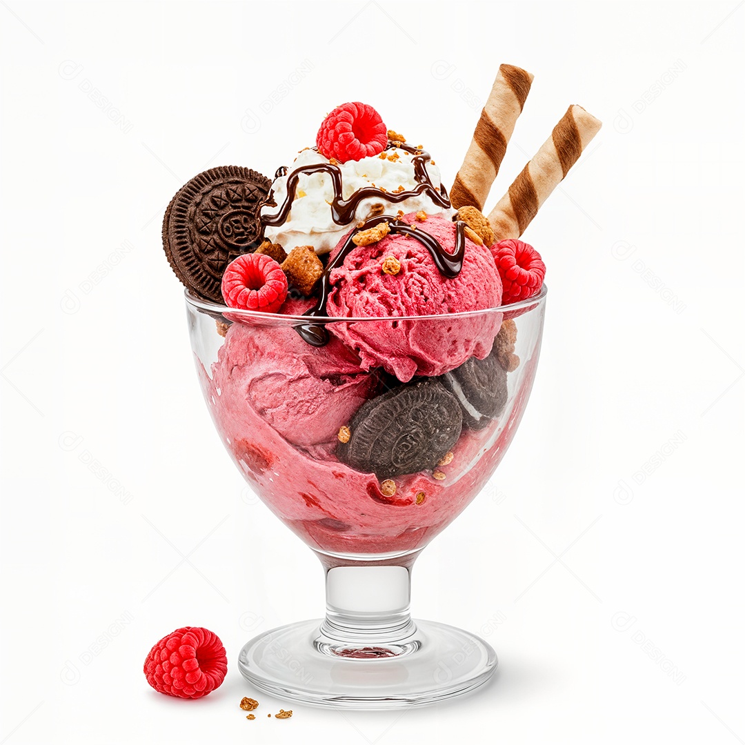 Delicioso sorvete em taça de vidro sobre fundo branco isolado