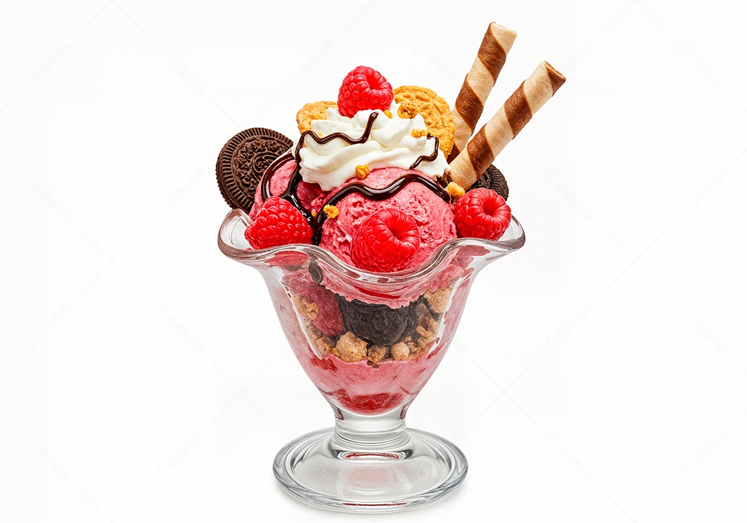 Delicioso sorvete em taça de vidro sobre fundo branco isolado