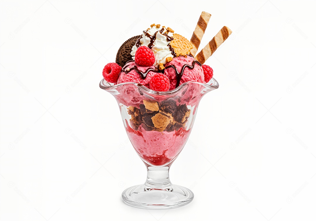 Delicioso sorvete em taça de vidro sobre fundo branco isolado