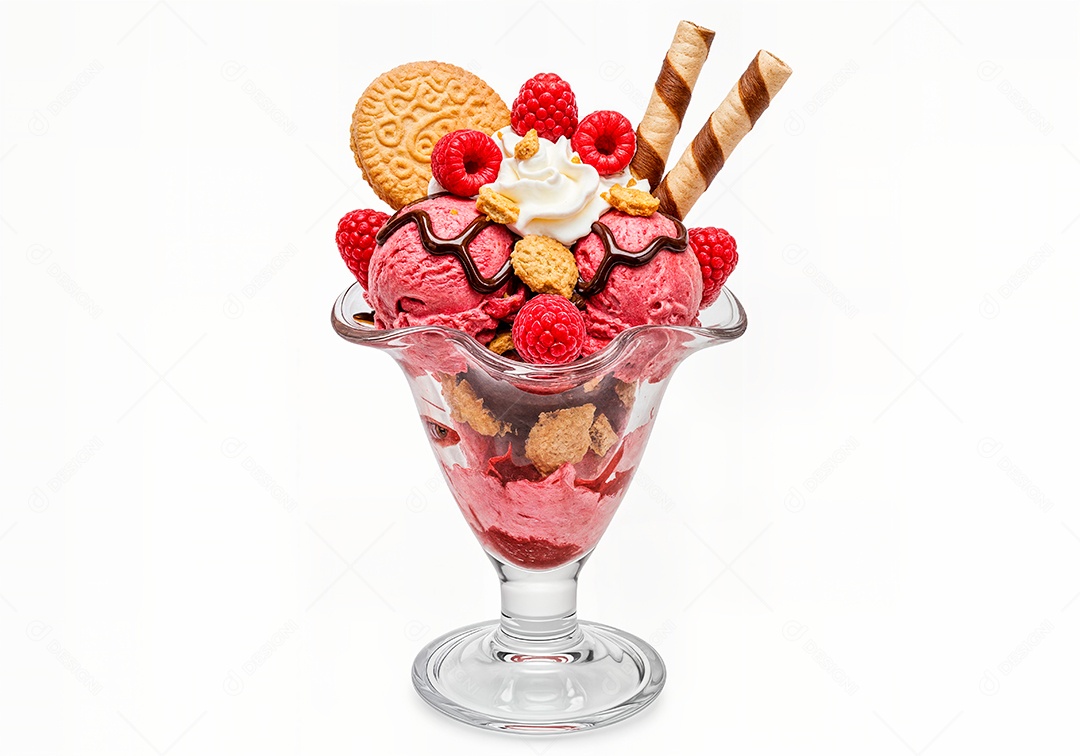 Delicioso sorvete em taça de vidro sobre fundo branco isolado