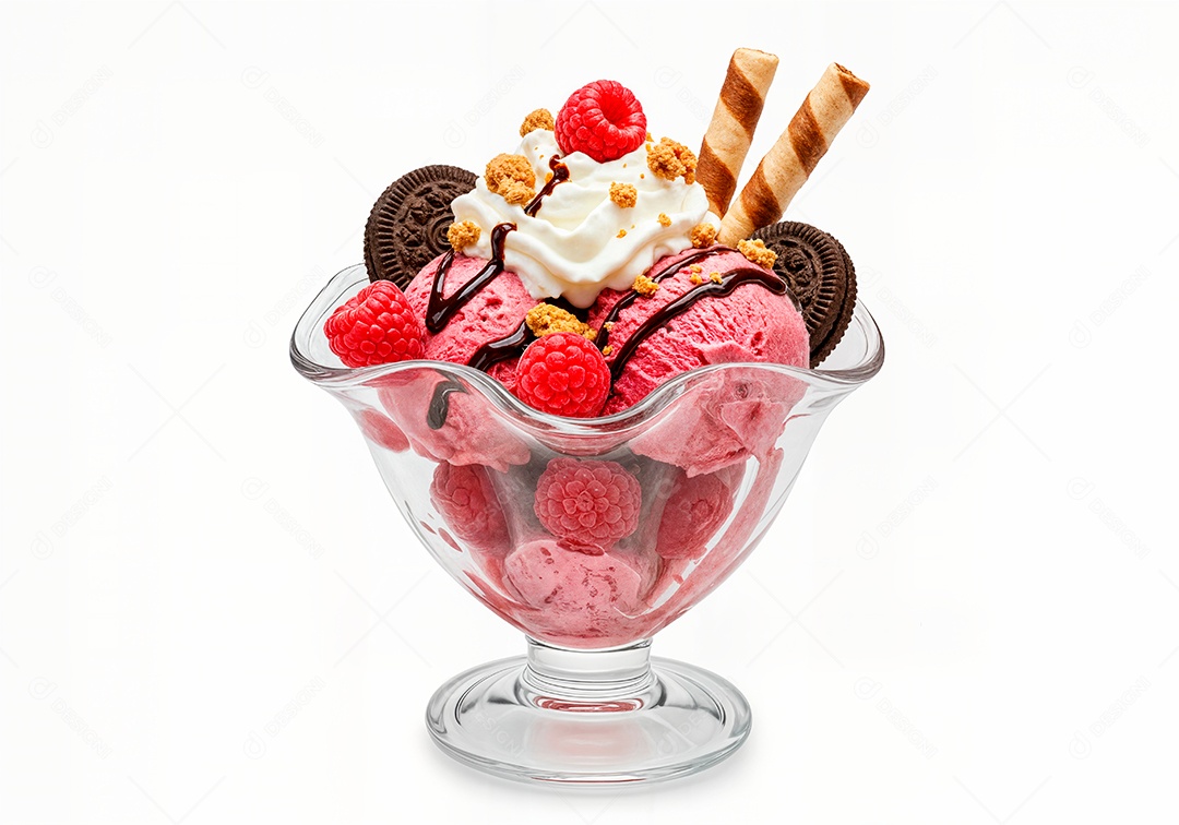 Delicioso sorvete em taça de vidro sobre fundo branco isolado