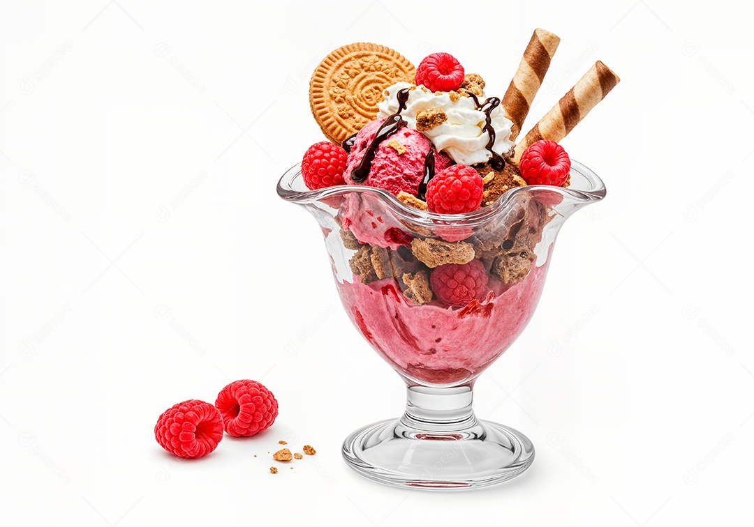 Delicioso sorvete em taça de vidro sobre fundo branco isolado