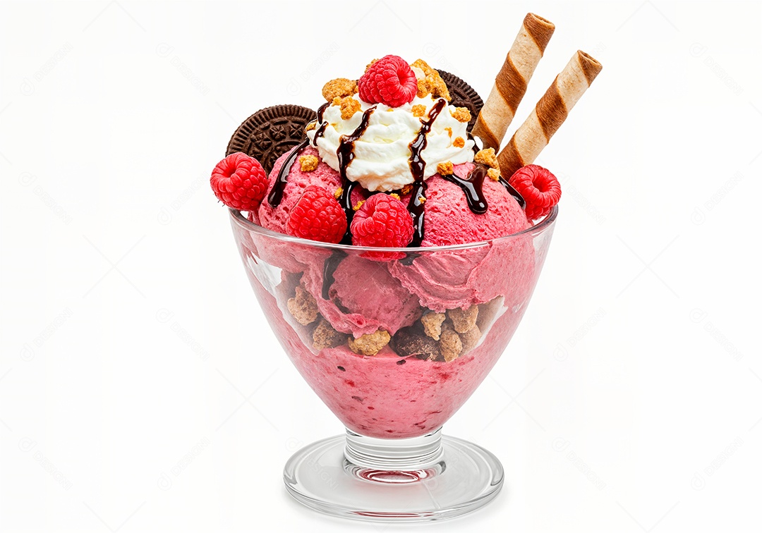 Delicioso sorvete em taça de vidro sobre fundo branco isolado