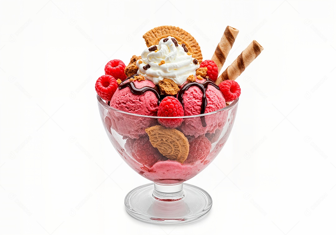 Delicioso sorvete em taça de vidro sobre fundo branco isolado