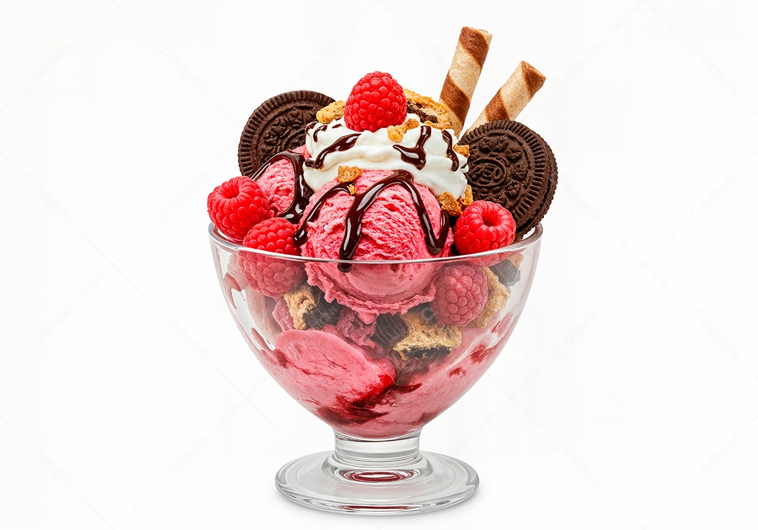 Delicioso sorvete em taça de vidro sobre fundo branco isolado