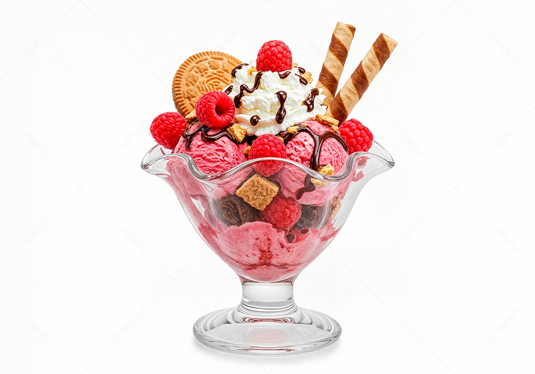 Delicioso sorvete em taça de vidro sobre fundo branco isolado