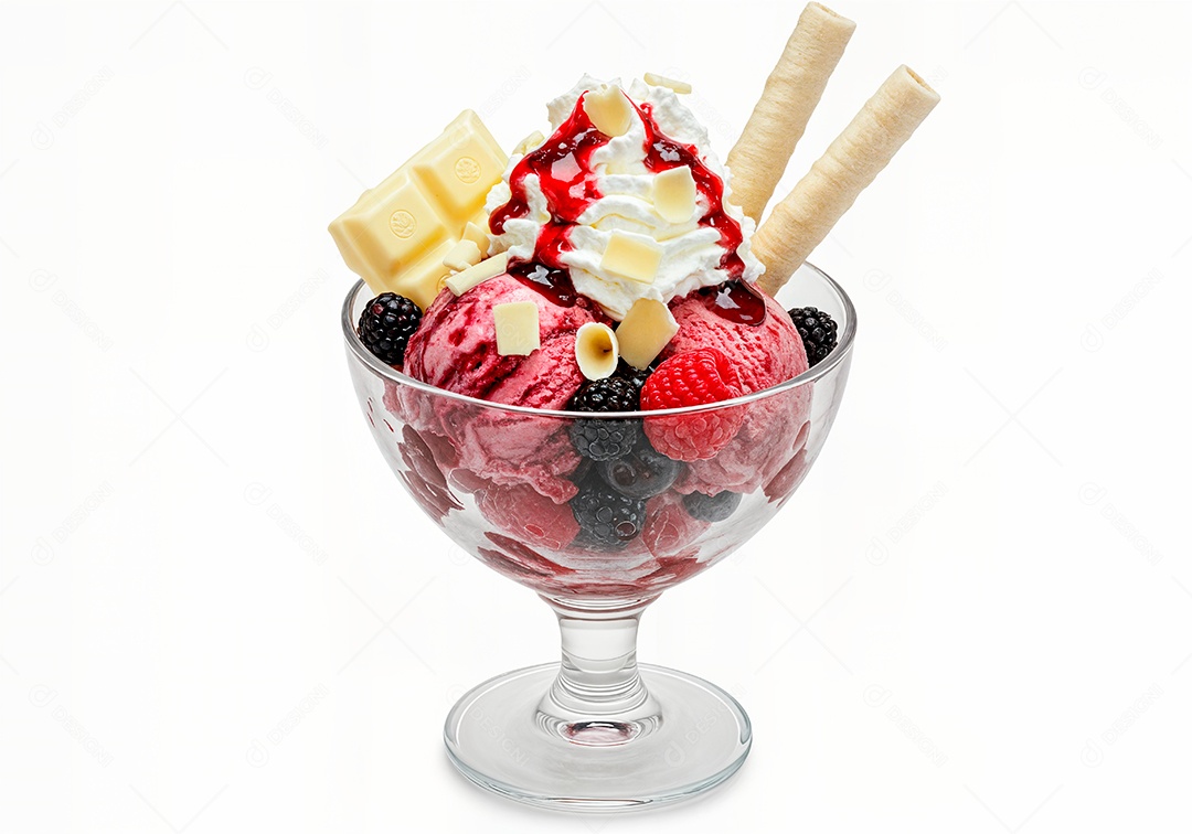 Delicioso sorvete em taça de vidro sobre fundo branco isolado