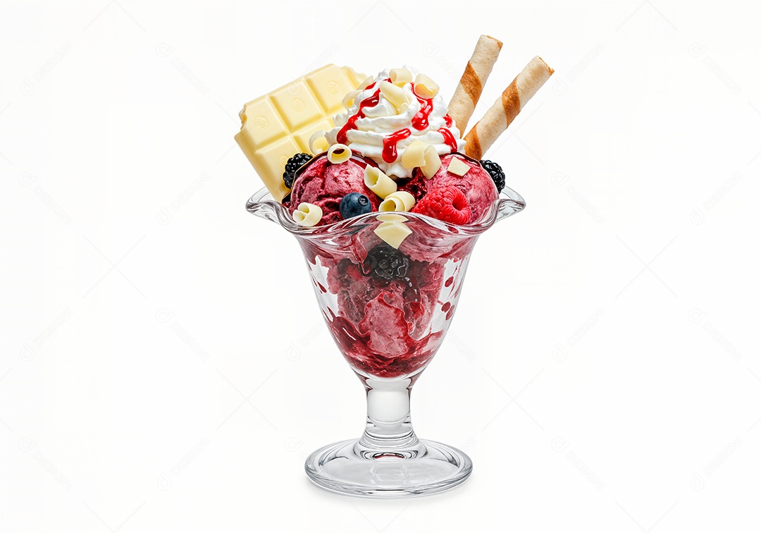 Delicioso sorvete em taça de vidro sobre fundo branco isolado