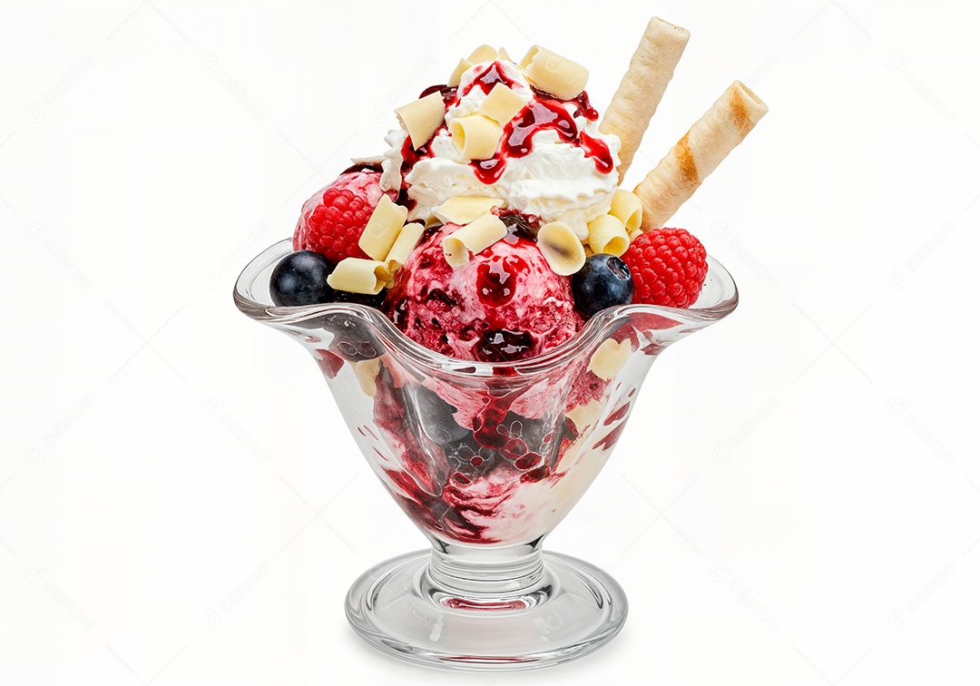 Delicioso sorvete em taça de vidro sobre fundo branco isolado