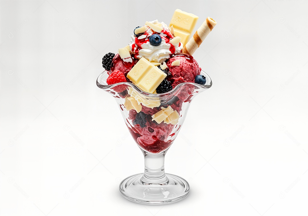 Delicioso sorvete em taça de vidro sobre fundo branco isolado