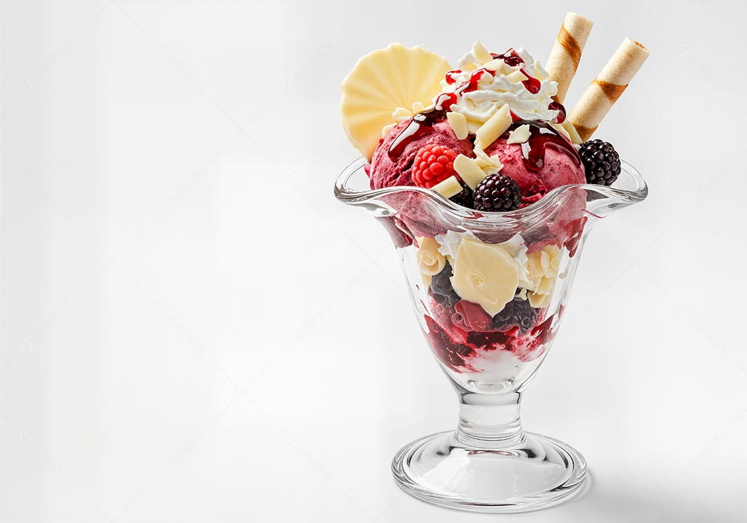 Delicioso sorvete em taça de vidro sobre fundo branco isolado