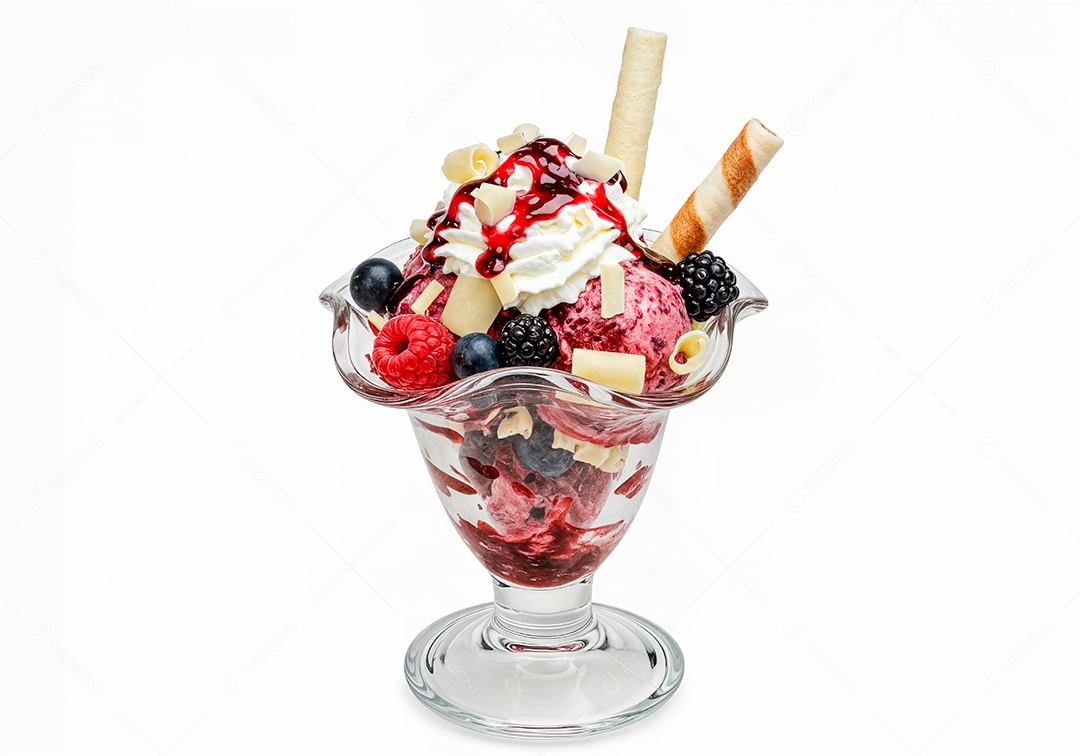 Delicioso sorvete em taça de vidro sobre fundo branco isolado