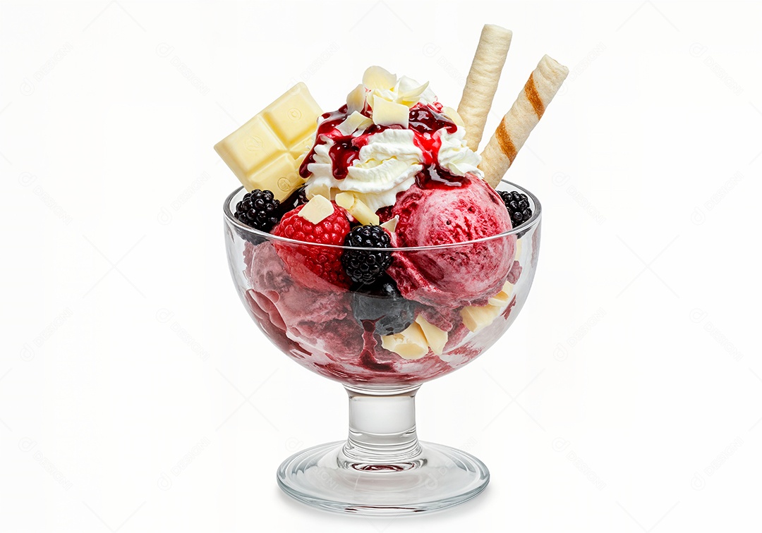 Delicioso sorvete em taça de vidro sobre fundo branco isolado