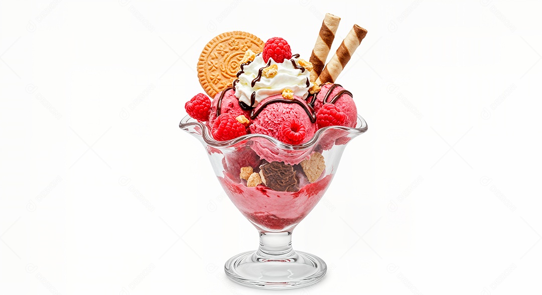 Delicioso sorvete em taça de vidro sobre fundo branco isolado