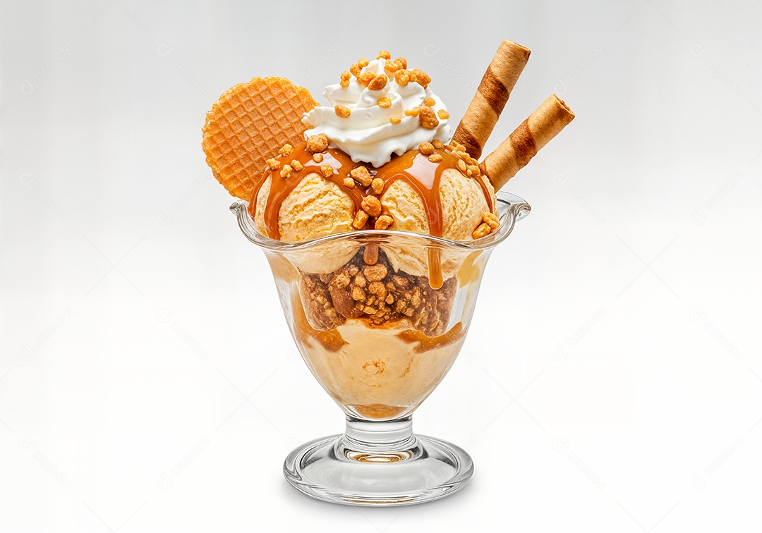 Delicioso sorvete em taça de vidro sobre fundo branco isolado