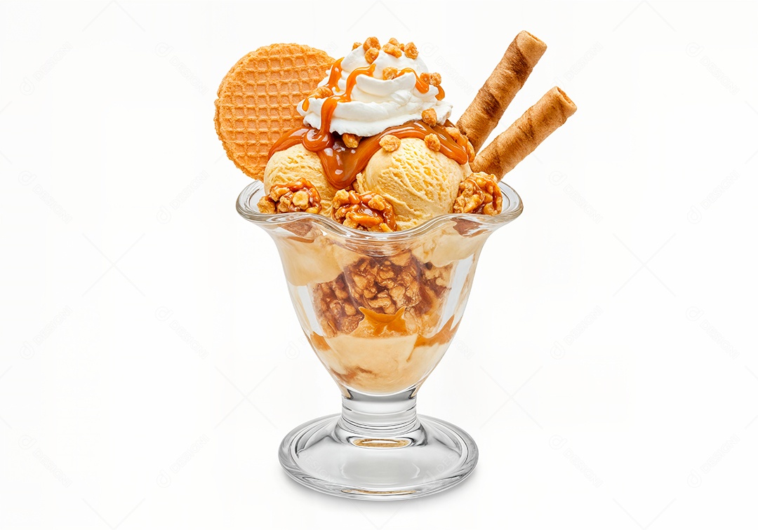 Delicioso sorvete em taça de vidro sobre fundo branco isolado