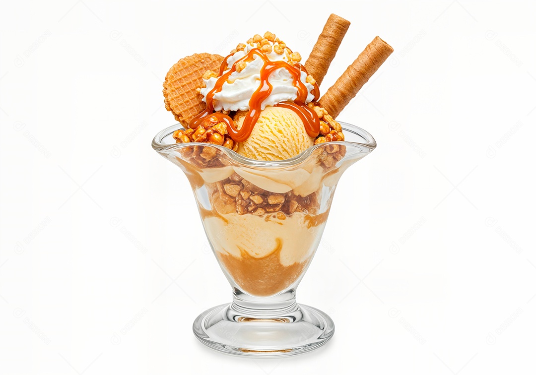 Delicioso sorvete em taça de vidro sobre fundo branco isolado