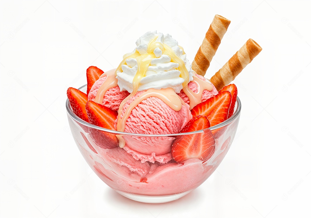 Delicioso sorvete em taça de vidro sobre fundo branco isolado