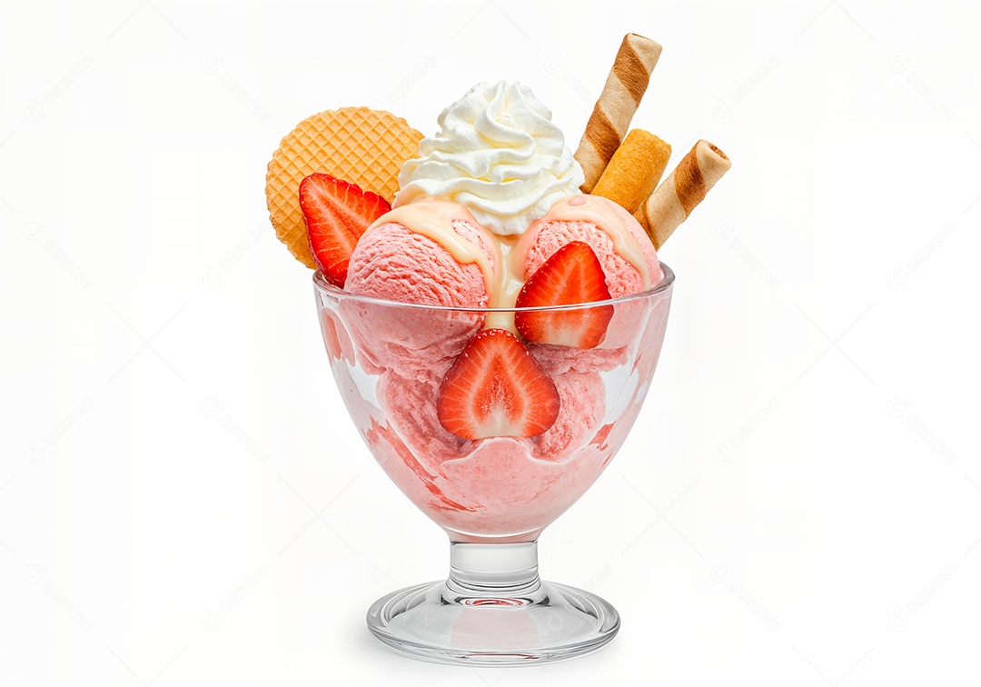 Delicioso sorvete em taça de vidro sobre fundo branco isolado