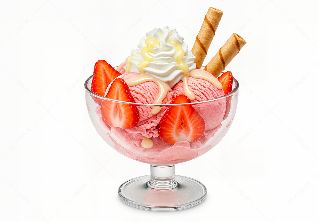 Delicioso sorvete em taça de vidro sobre fundo branco isolado