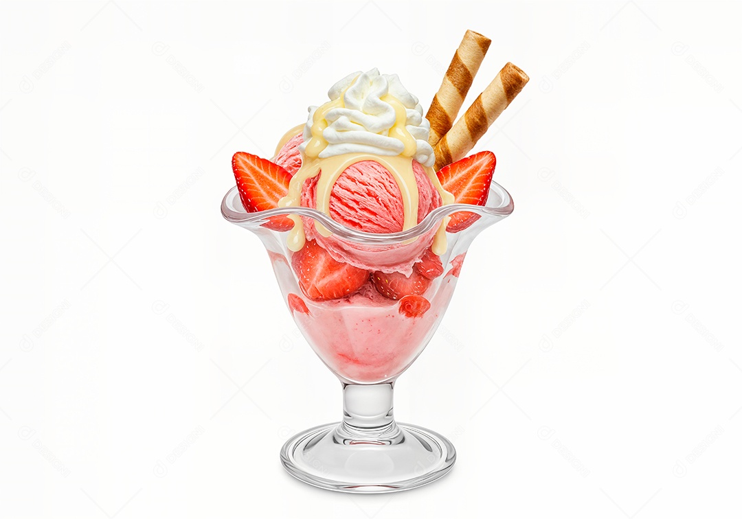 Delicioso sorvete em taça de vidro sobre fundo branco isolado