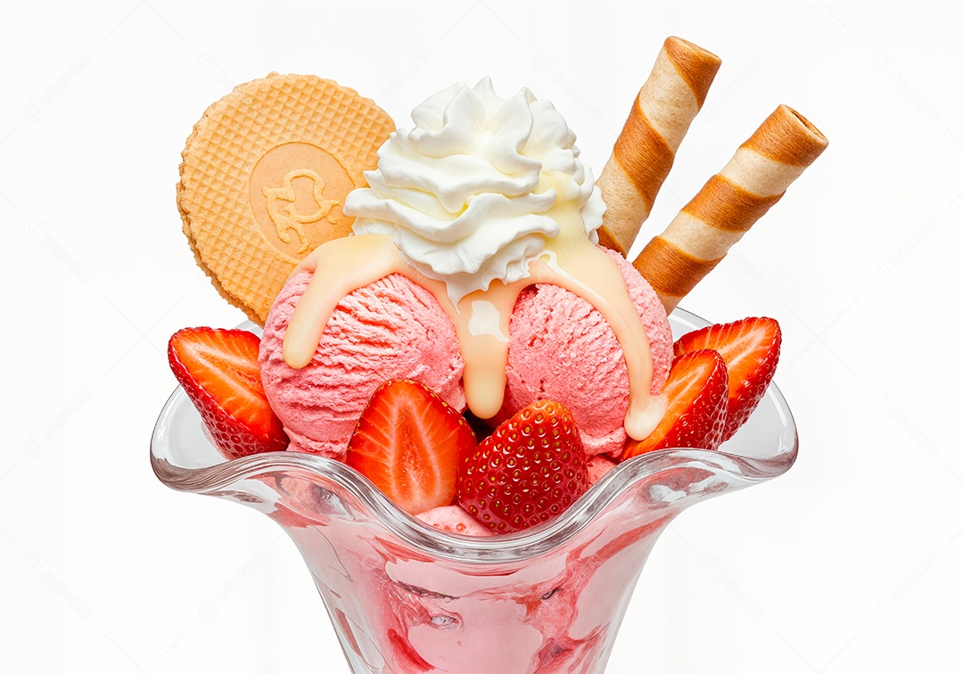 Delicioso sorvete em taça de vidro sobre fundo branco isolado