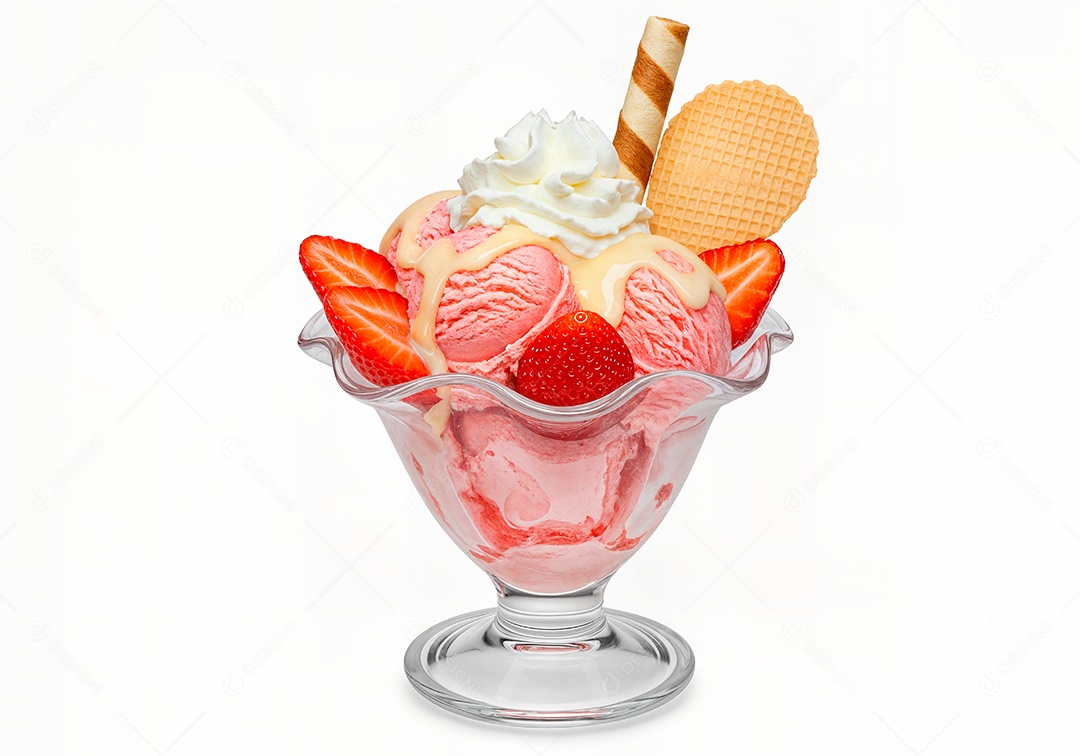 Delicioso sorvete em taça de vidro sobre fundo branco isolado