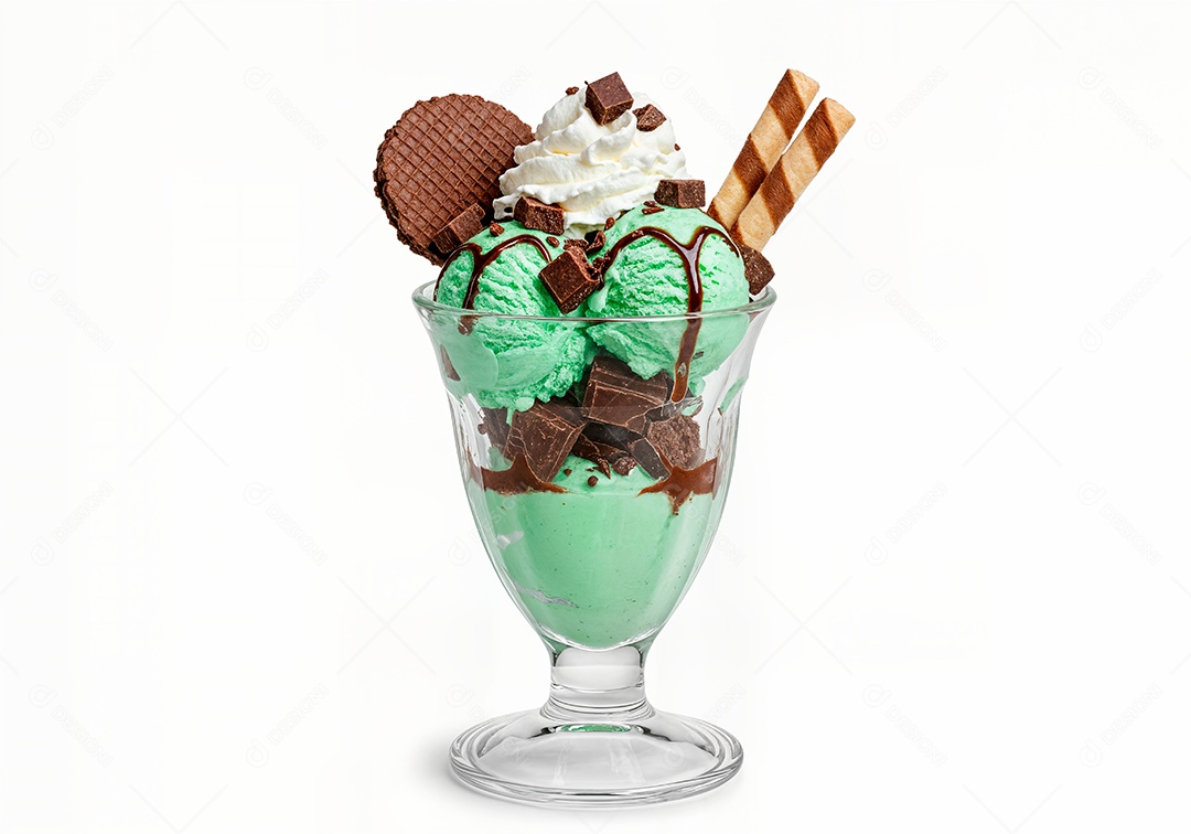 Delicioso sorvete em taça de vidro sobre fundo branco isolado