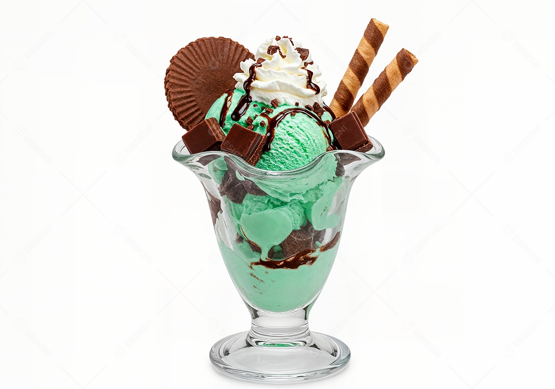 Delicioso sorvete em taça de vidro sobre fundo branco isolado