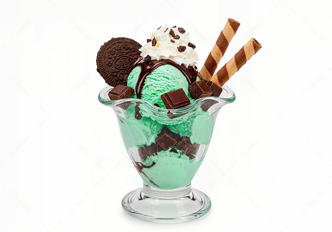 Delicioso sorvete em taça de vidro sobre fundo branco isolado