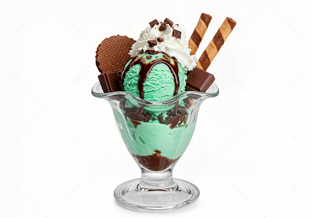 Delicioso sorvete em taça de vidro sobre fundo branco isolado