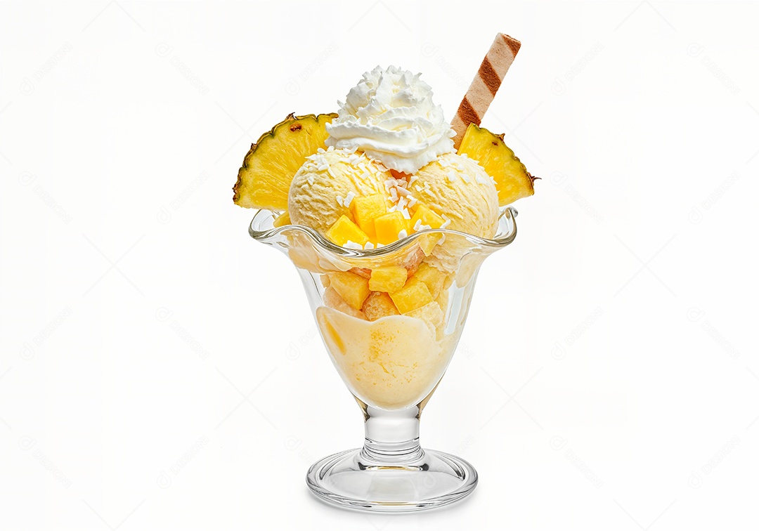 Delicioso sorvete em taça de vidro sobre fundo branco isolado