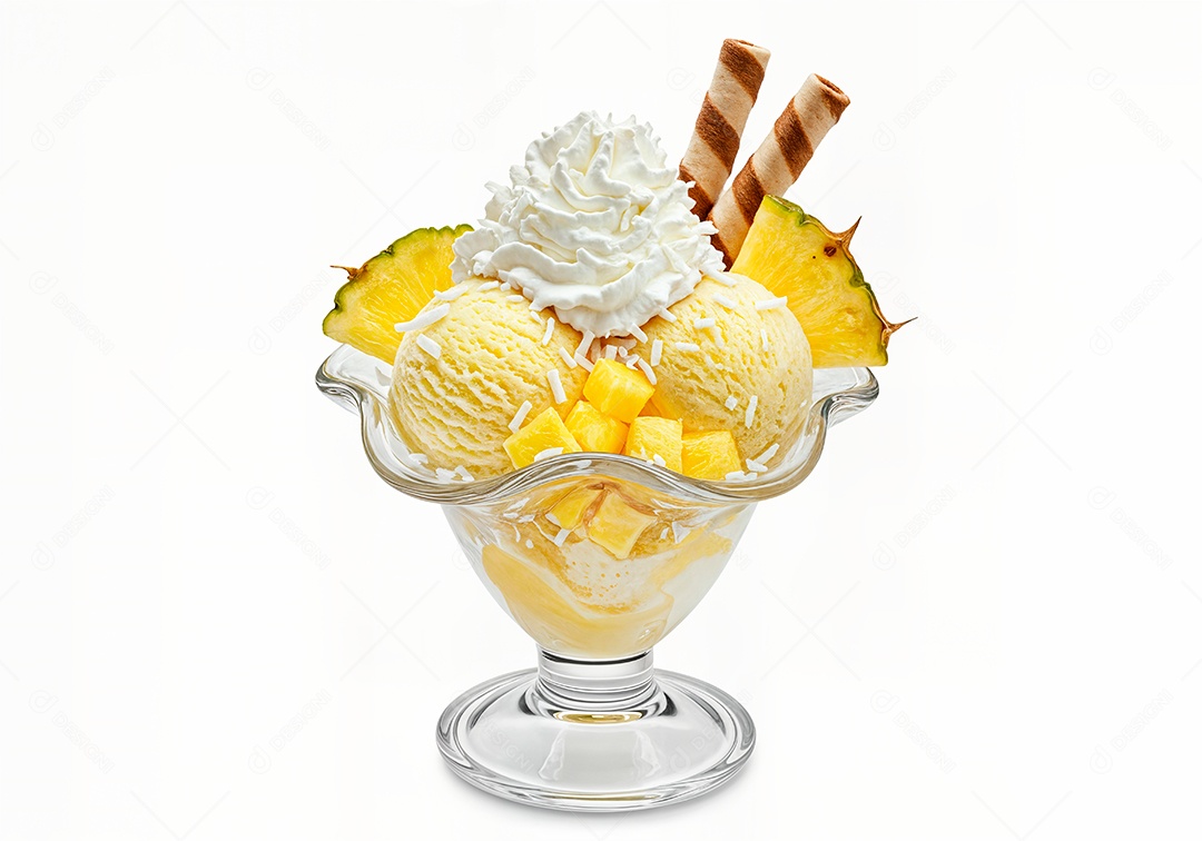 Delicioso sorvete em taça de vidro sobre fundo branco isolado