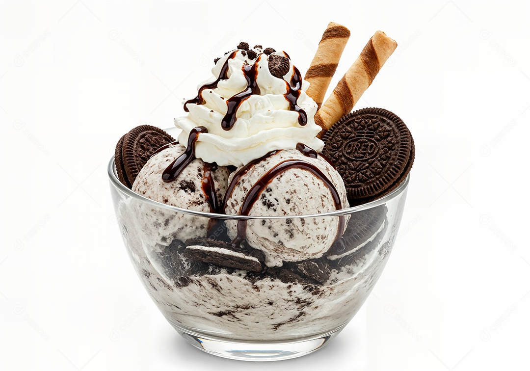 Delicioso sorvete em taça de vidro sobre fundo branco isolado