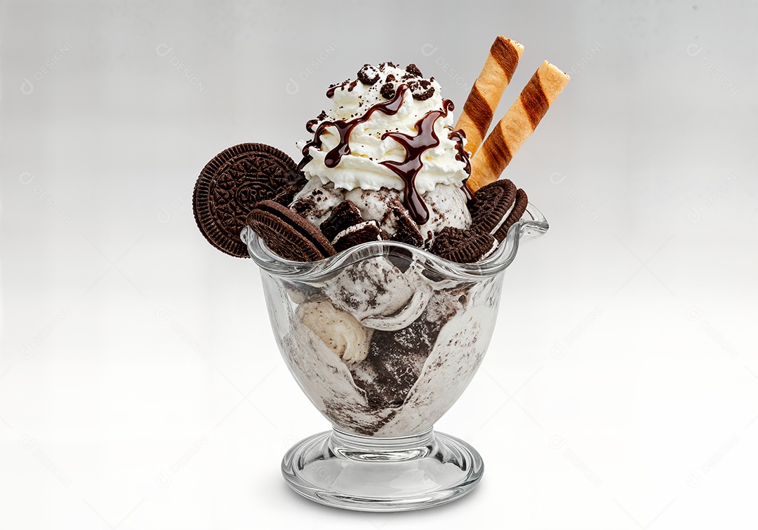 Delicioso sorvete em taça de vidro sobre fundo branco isolado