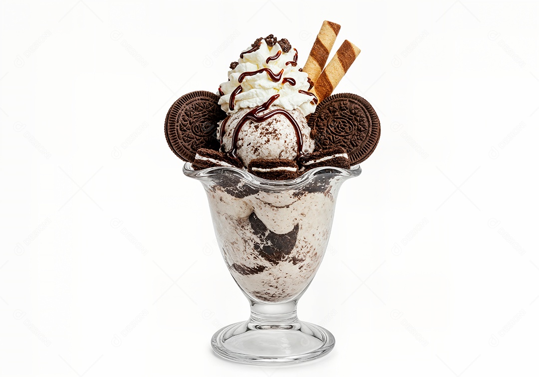 Delicioso sorvete em taça de vidro sobre fundo branco isolado