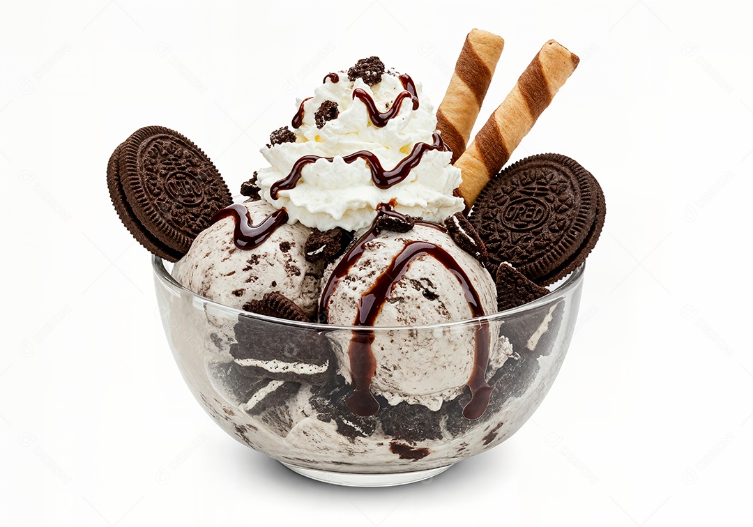 Delicioso sorvete em taça de vidro sobre fundo branco isolado