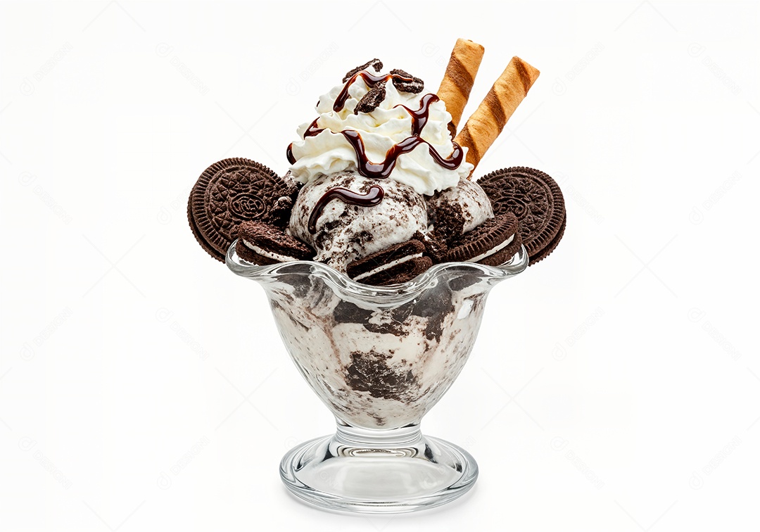 Delicioso sorvete em taça de vidro sobre fundo branco isolado