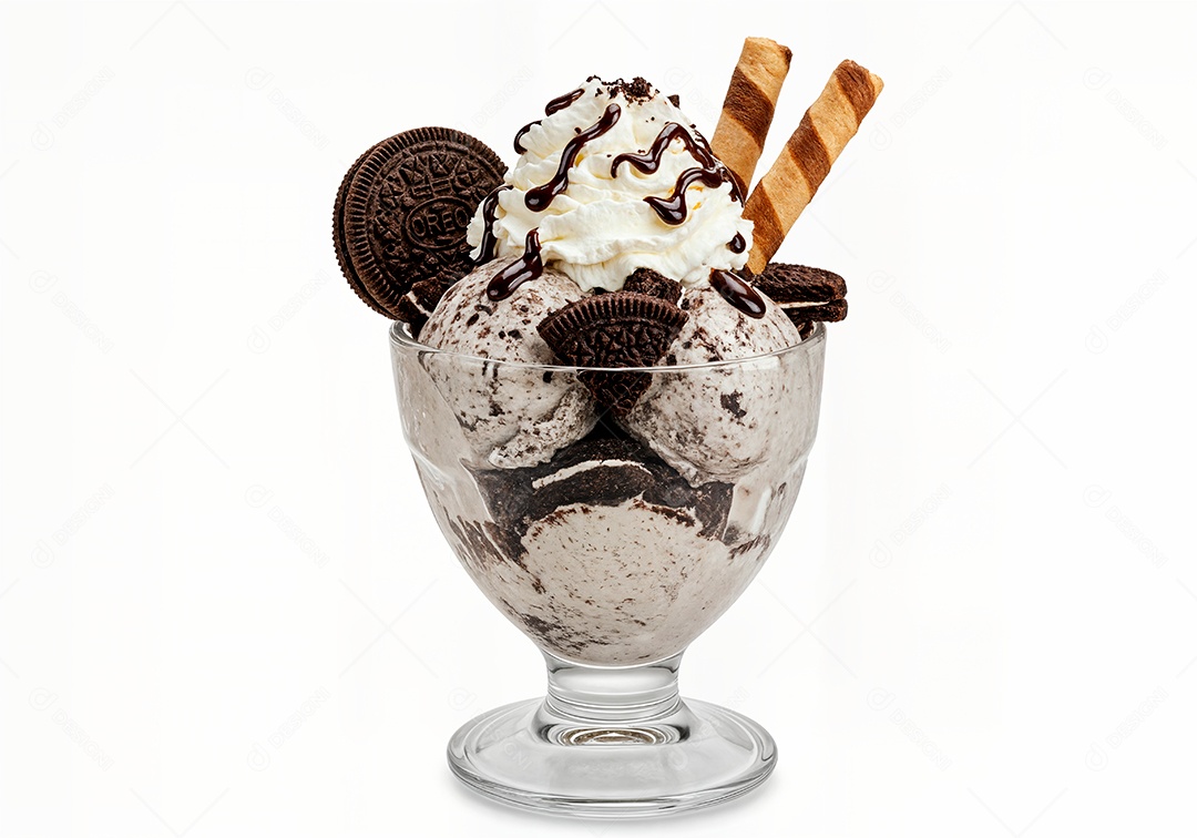 Delicioso sorvete em taça de vidro sobre fundo branco isolado