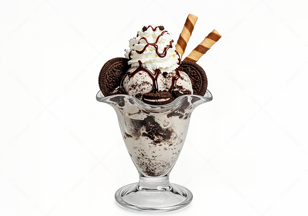 Delicioso sorvete em taça de vidro sobre fundo branco isolado