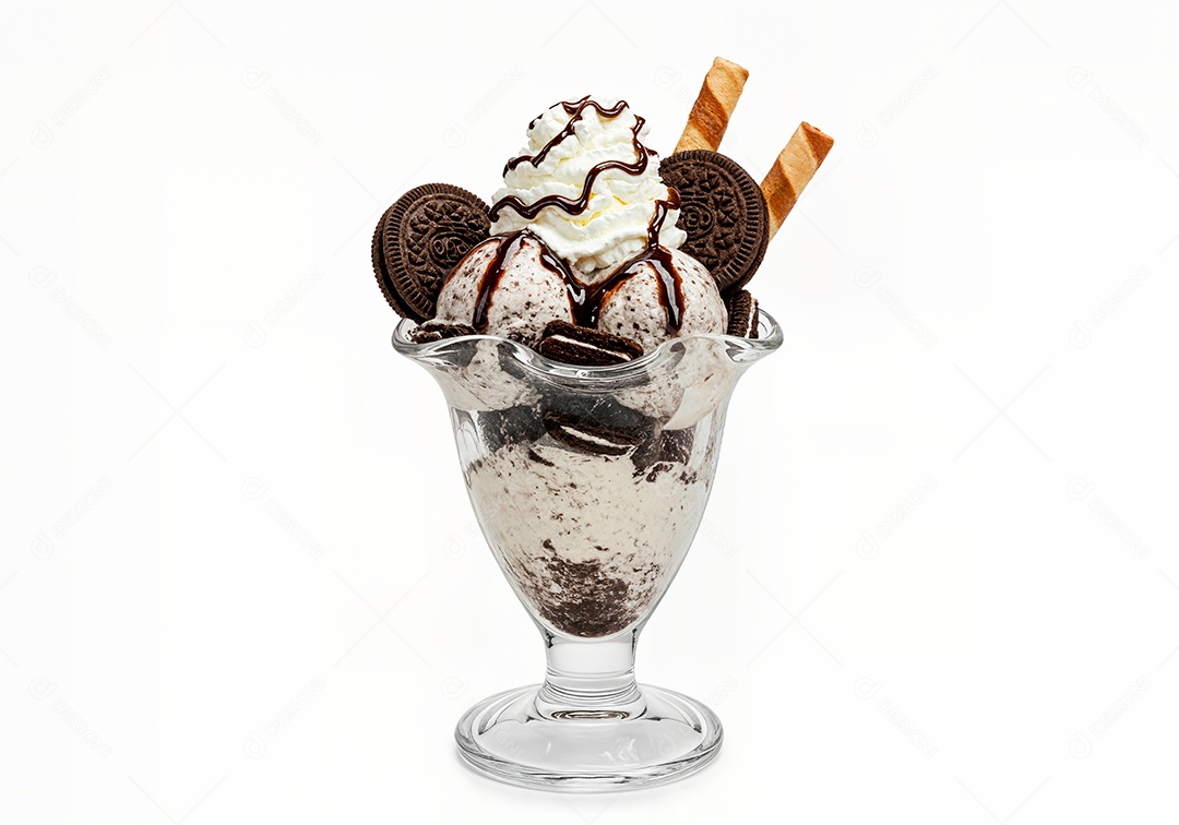 Delicioso sorvete em taça de vidro sobre fundo branco isolado