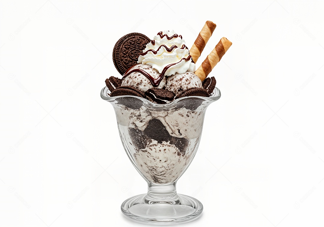 Delicioso sorvete em taça de vidro sobre fundo branco isolado