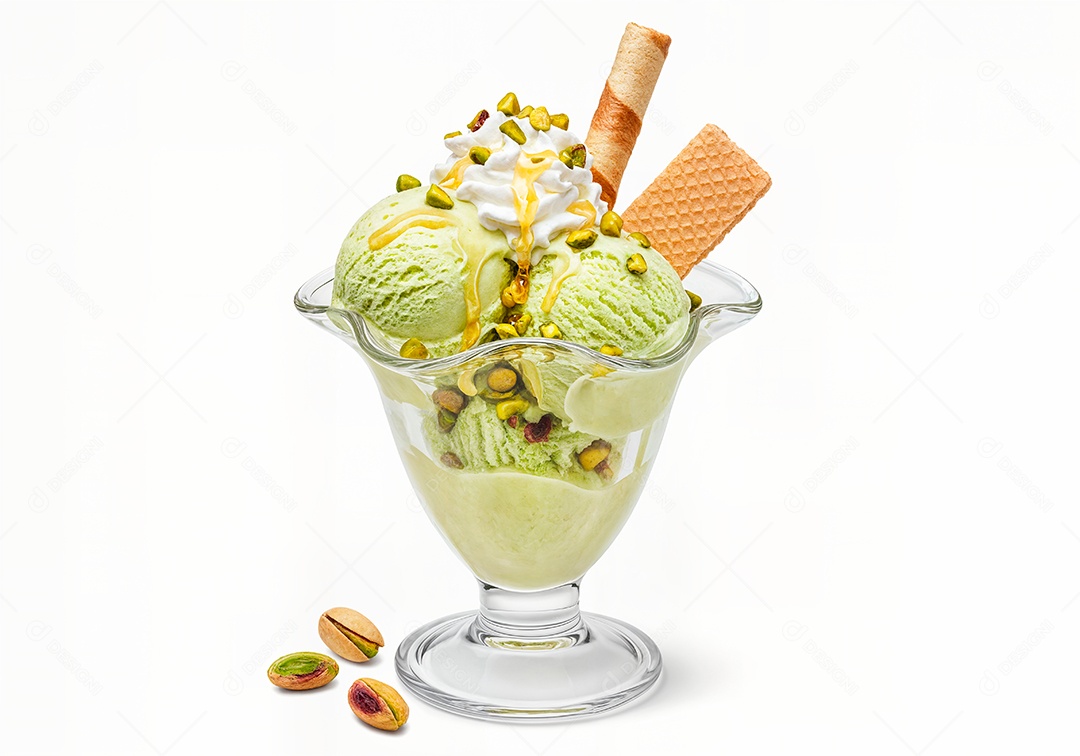 Delicioso sorvete em taça de vidro sobre fundo branco isolado