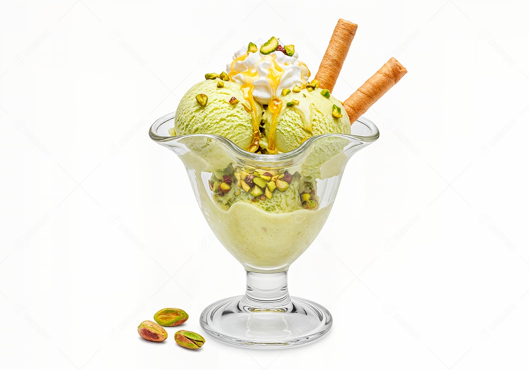 Delicioso sorvete em taça de vidro sobre fundo branco isolado