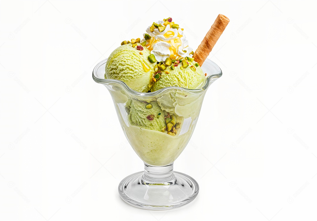 Delicioso sorvete em taça de vidro sobre fundo branco isolado