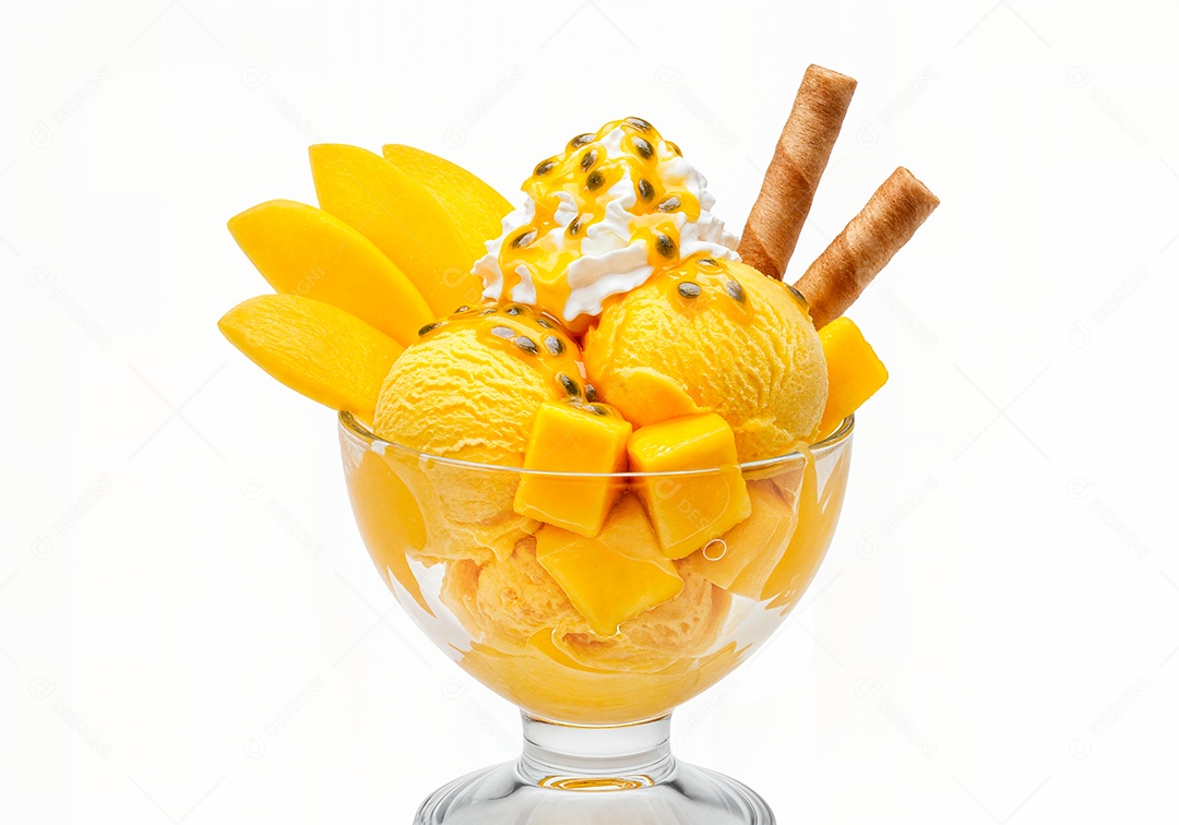 Delicioso sorvete em taça de vidro sobre fundo branco isolado