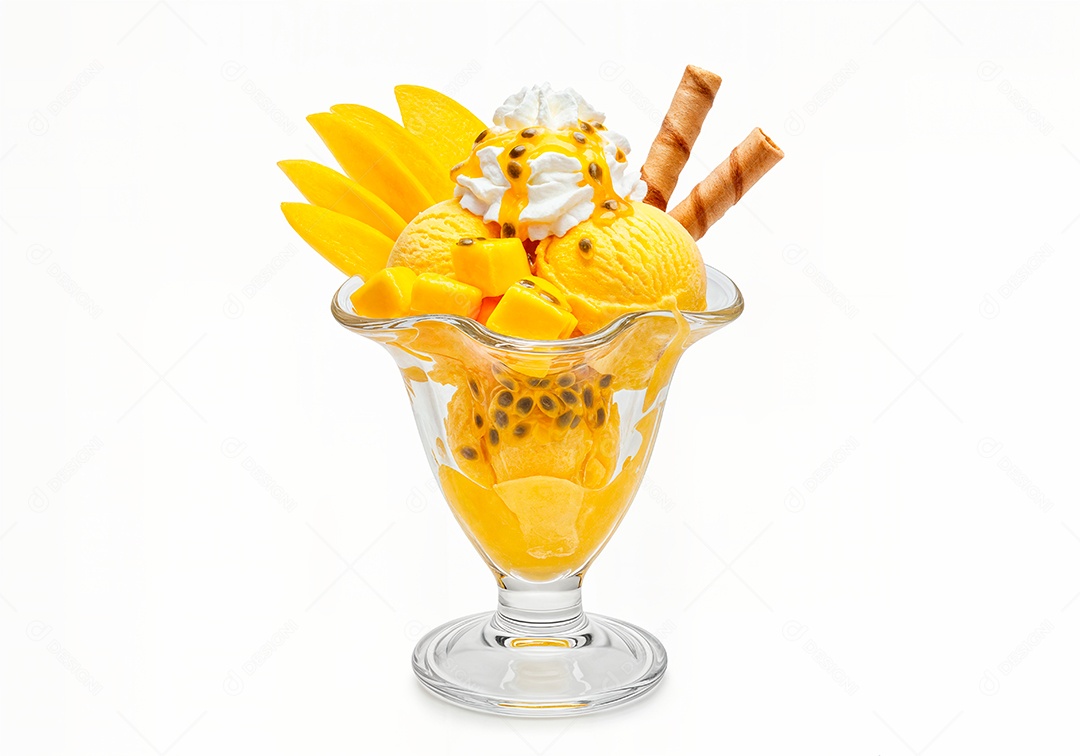 Delicioso sorvete em taça de vidro sobre fundo branco isolado